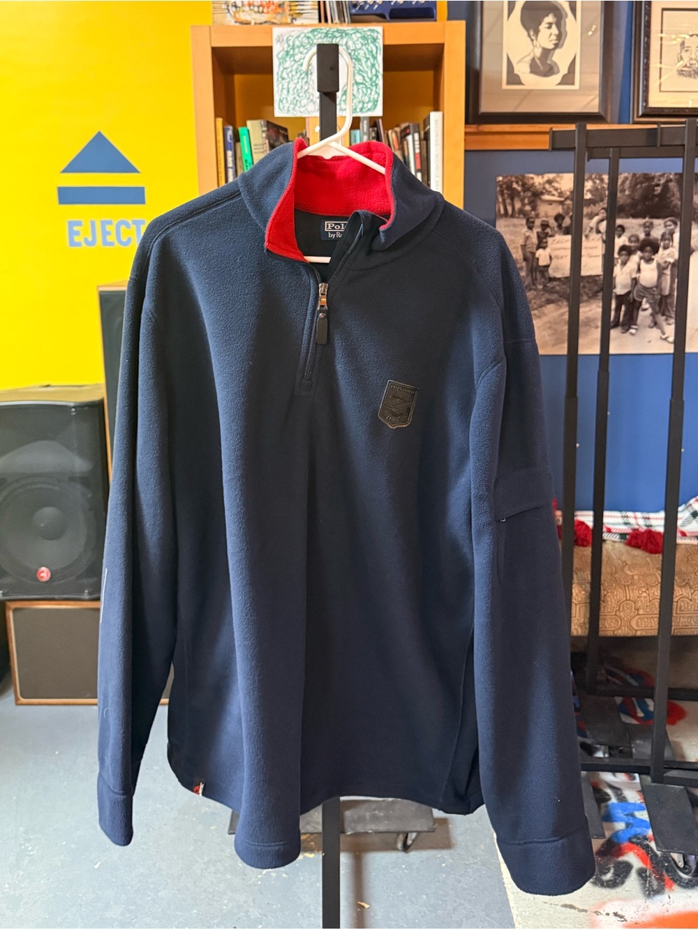 Navy Half-Zip Fleece Pullover with Red Collar Accent